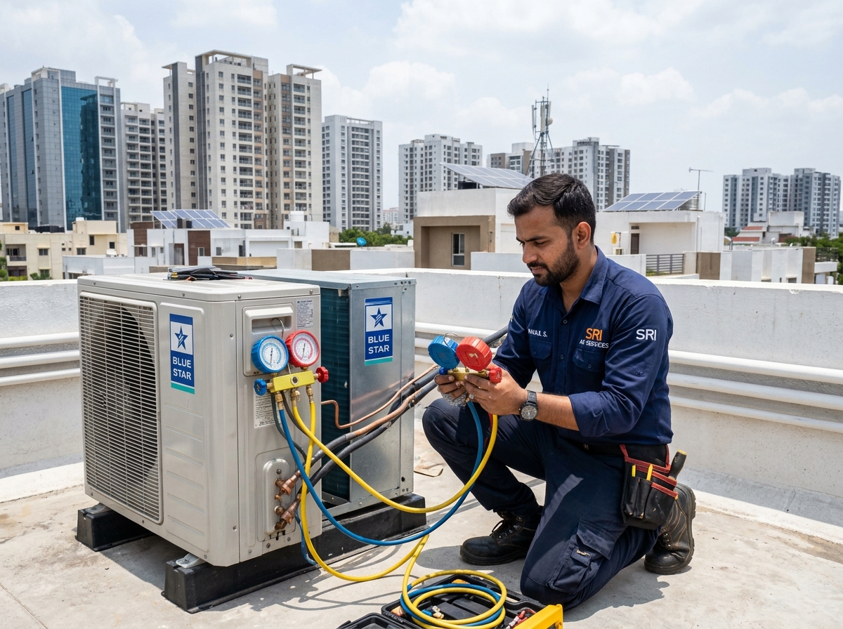 Certified technician checking outdoor AC compressor pressure gauges